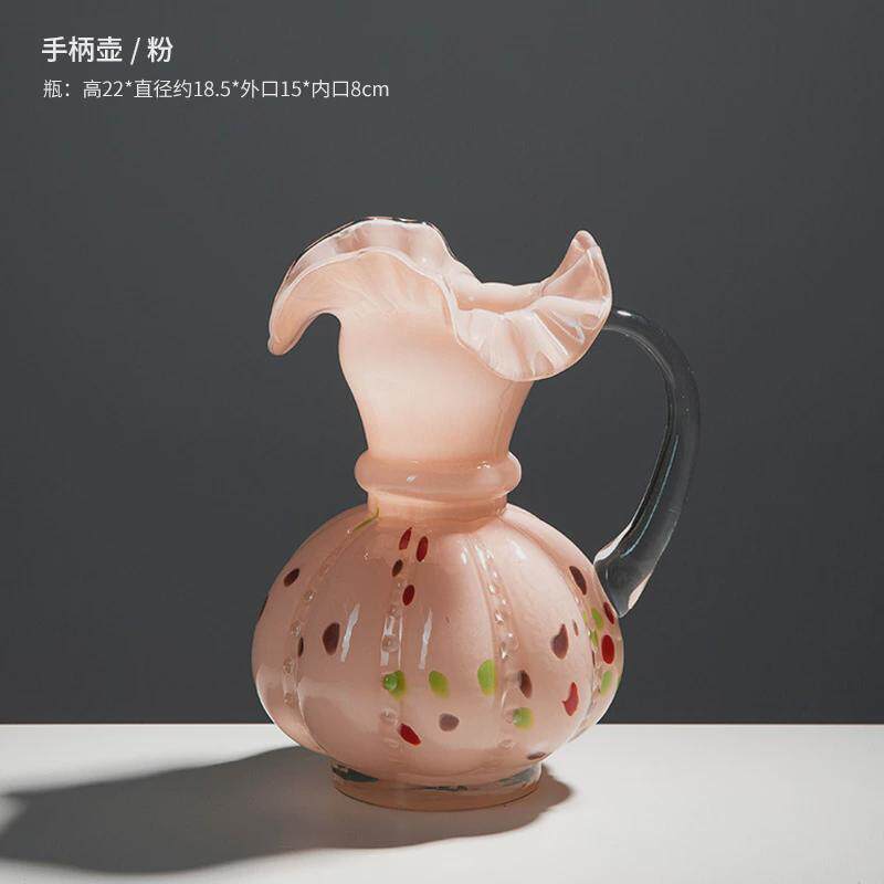 美式简约褶皱花边玻璃花瓶复古壶插花餐桌摆件花艺礼品花器装饰品