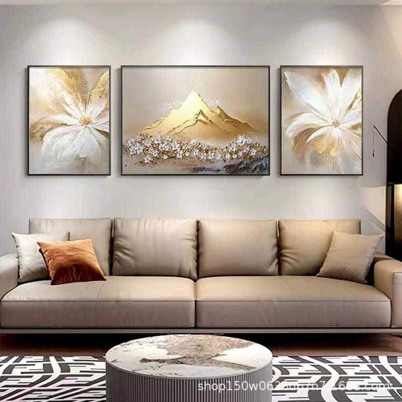 日照金山客厅装饰画简约金山沙发背景墙挂画轻奢肌理感平面三联画图片