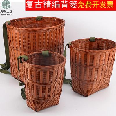 竹编背篓精编复古双肩带背篓采茶竹篓子家用竹背筐加厚承重力强