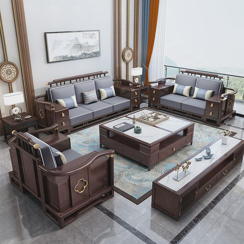 HF2X新中式实木沙发组合大户型别墅贵妃沙发现代简约轻奢客厅家具