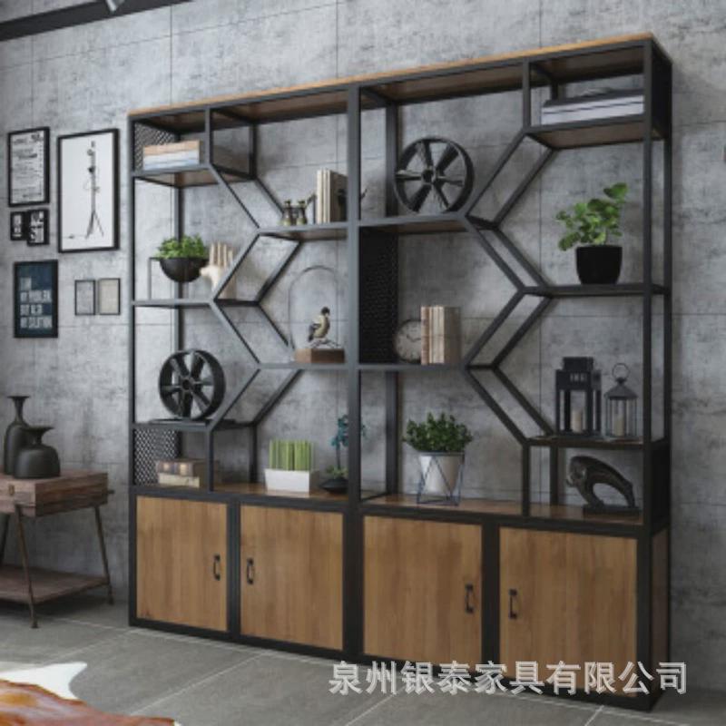 美式铁艺实木置物架复古客厅隔断工业风办公室博古架储物架波浪款