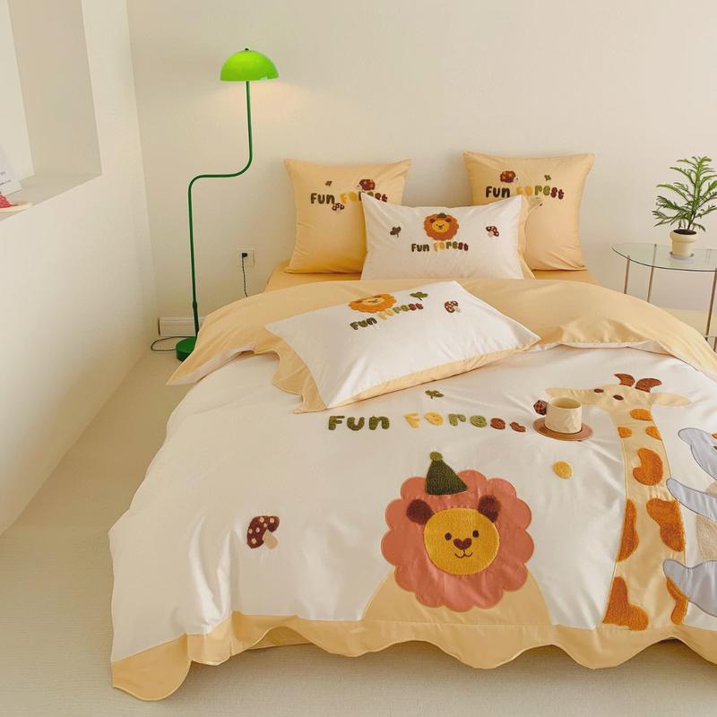 卡通全棉120支长绒棉四件套男孩床品ins可爱卡通刺绣全棉被套床单