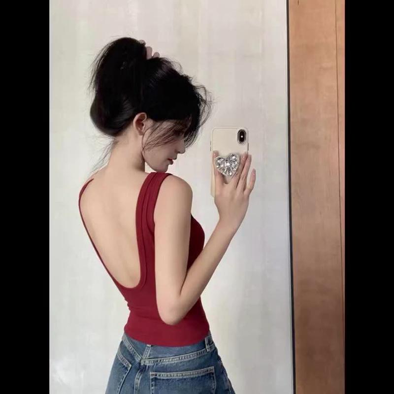 红色小吊带背心女夏外穿带胸垫美背文胸一体内搭打底U型露背上衣