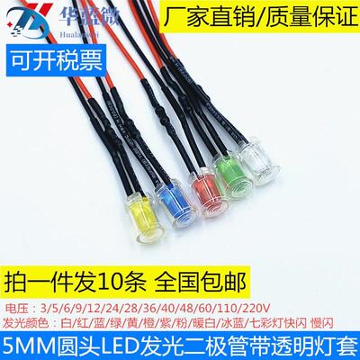 5MM超高亮LED发光二极管F5带透明灯套3V5V6V12V24V36V48V110V220V