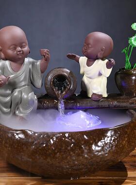 中式禅意小和尚景观喷泉抽水器陶瓷创意家居加湿循环流水摆件