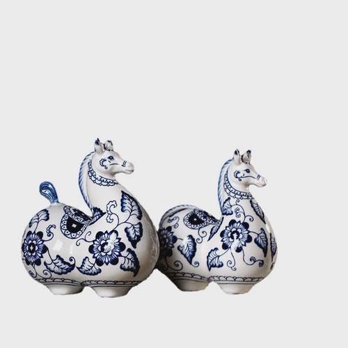 热销陶瓷青花瓷马摆件陶瓷马工艺品中式复古客厅电视柜摆设家居饰