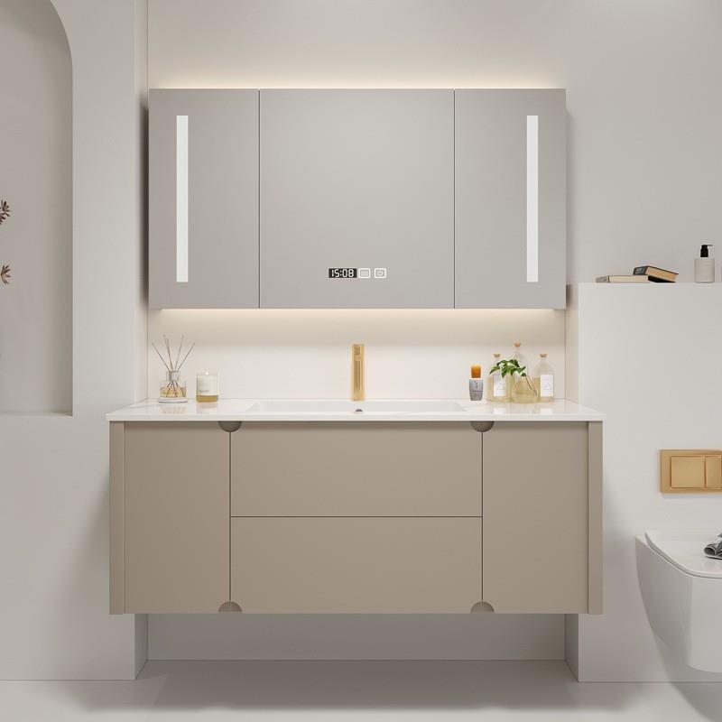 奶油风橡胶木板浴室柜无缝陶瓷盆柜组合轻奢卫生间智能岩洗漱台