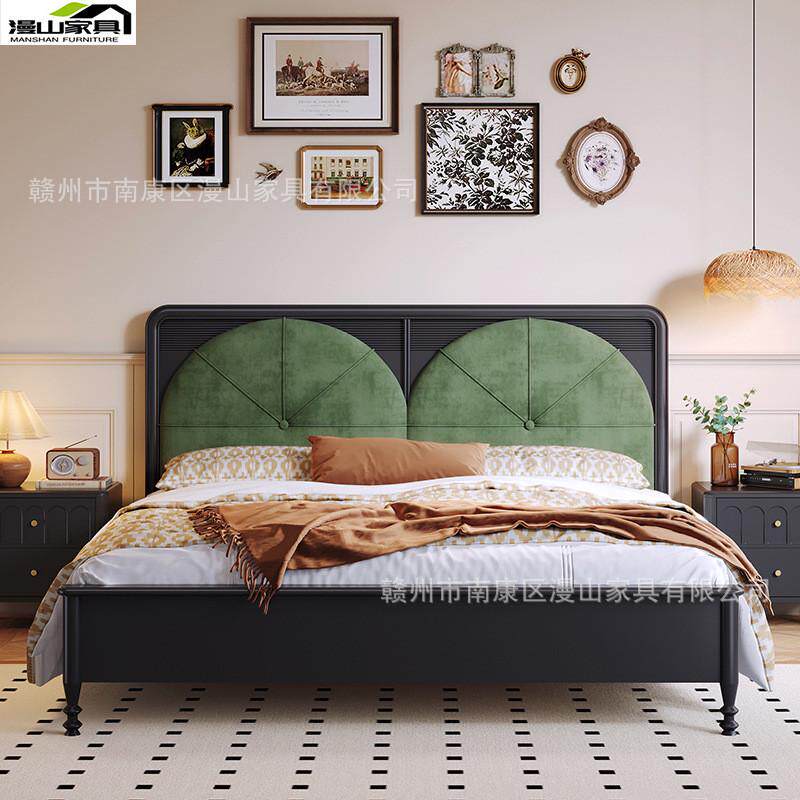 美式全实木床榉木复古1.8m主卧室双人床法式轻奢中古风储物软包床