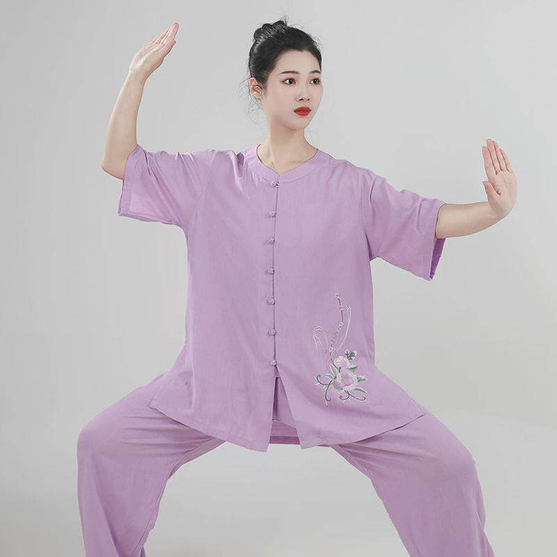 宏情棉麻绣花太极服女珍珠扣圆领夏季练功服太极拳武术服八段锦服
