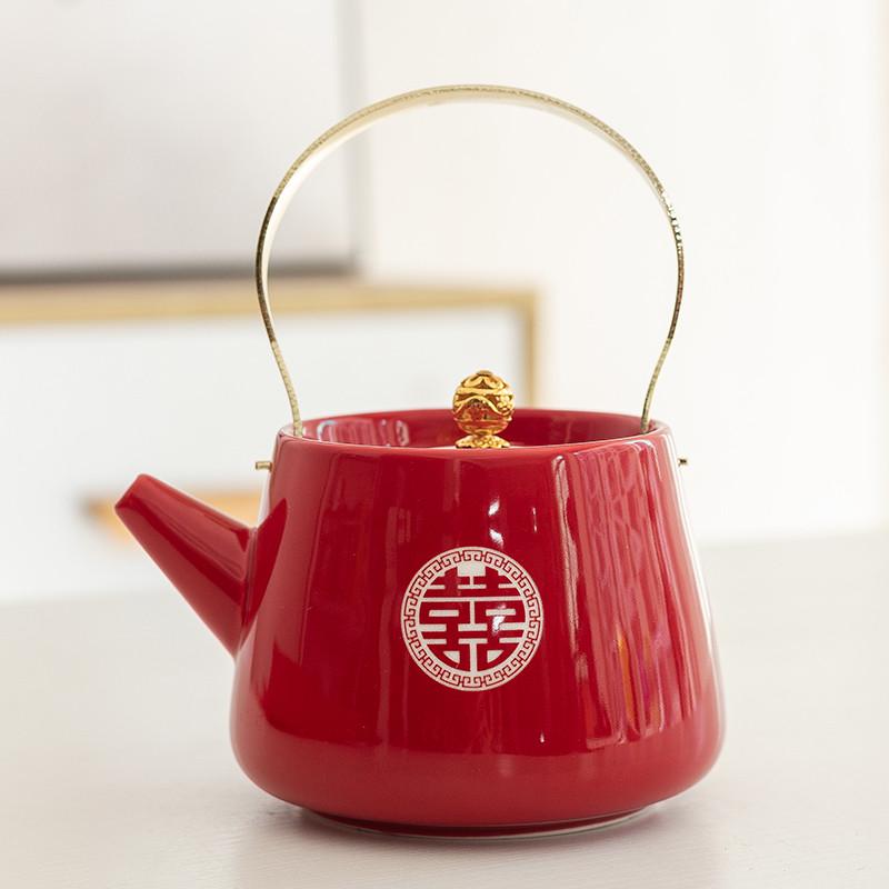 CY茶壶风结婚茶礼敬提梁中式茶客敬茶客厅婚庆宫廷奉红色大号壶婚