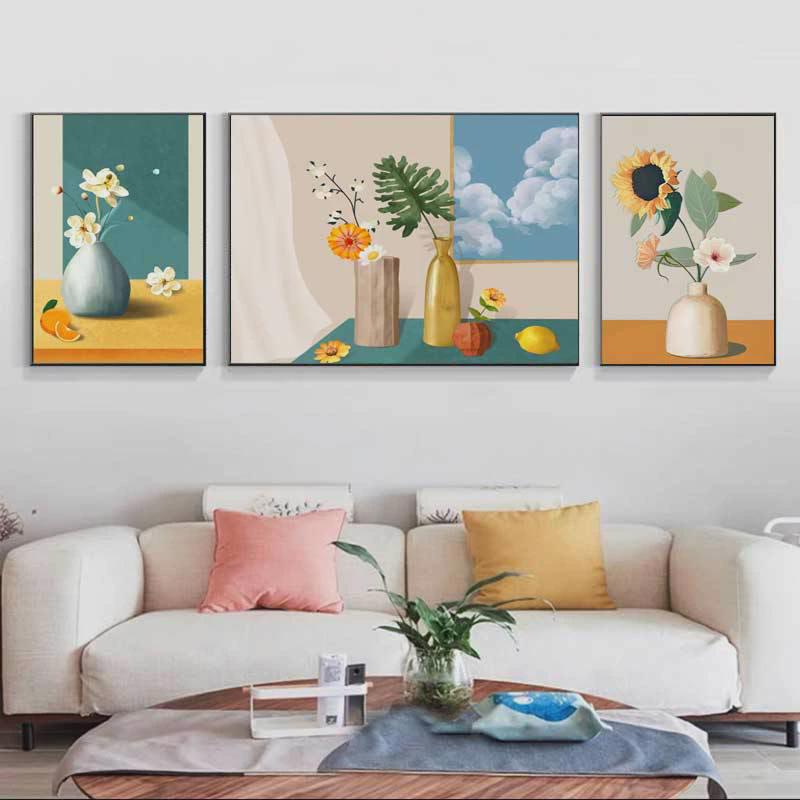 小清新挂画奶油风壁画现代沙发背景画北欧花卉三联客厅装饰画批发