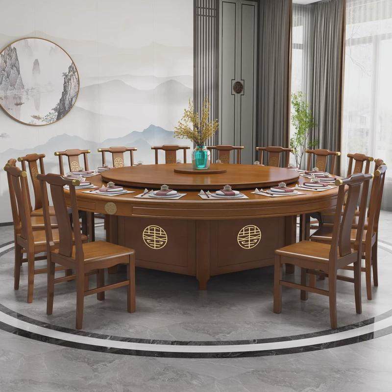 酒店电动餐桌新中式实木大圆桌饭店会所包厢家用大户型餐桌椅组合