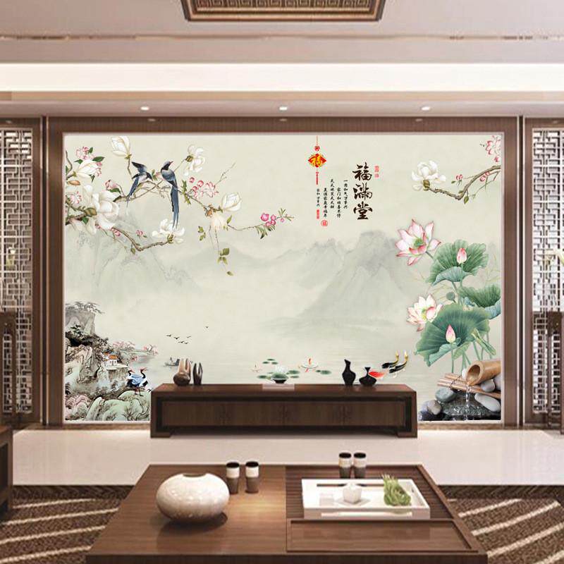 办公室山水田园风景宣艺术墙纸绒布壁布电视背景墙新中式壁画墙布