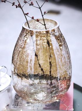 创意大号轻奢光冰花玻璃花瓶琉裂纹透明花器美式家居装饰插花摆件