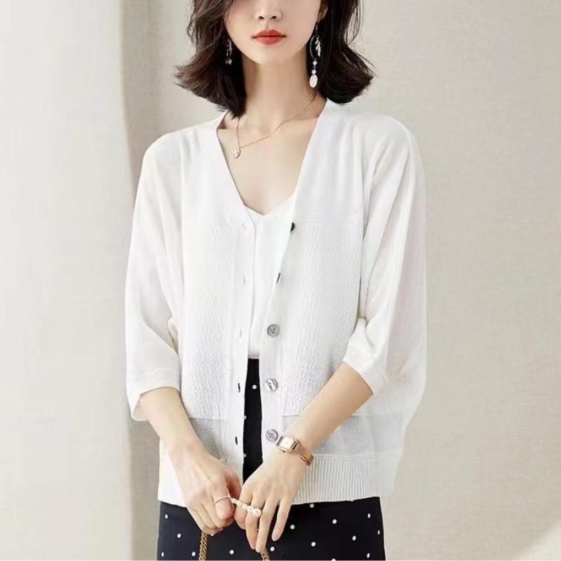 冰丝针织开衫女薄款夏季罩衫大码胖mm七分袖外搭防晒空调衫女外套