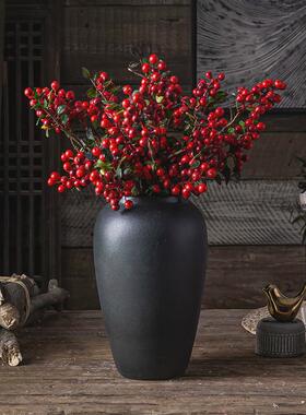 凯威纳陶瓷粗陶复古黑色陶罐花瓶摆件黑陶客厅银柳落地大号冬青干