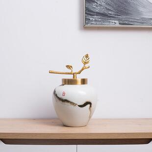 新中式手绘陶瓷花瓶带盖子铜器软装饰酒店工艺品摆设插干花器陶罐