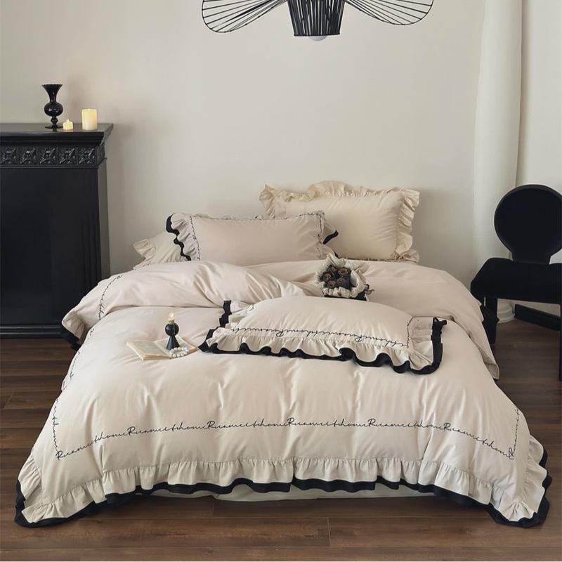 复古黑色花边50支全棉贡缎磨毛四件套法式风简约刺绣被套床上用品