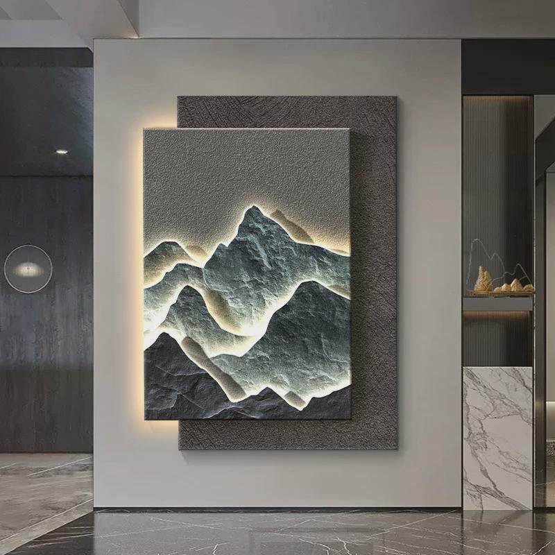 轻奢山水玄关装饰画客厅背景墙砂岩立体挂画高级感走廊尽头壁灯画