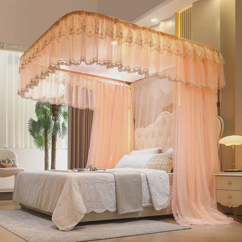 落地导轨蚊帐家用卧室2023遮光高级u型免安装轨道新款床帘支架1.5