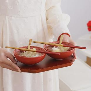 一对陶瓷对喜碗陪嫁订婚礼物送新人礼品 仲夏知己红色结婚碗筷套装