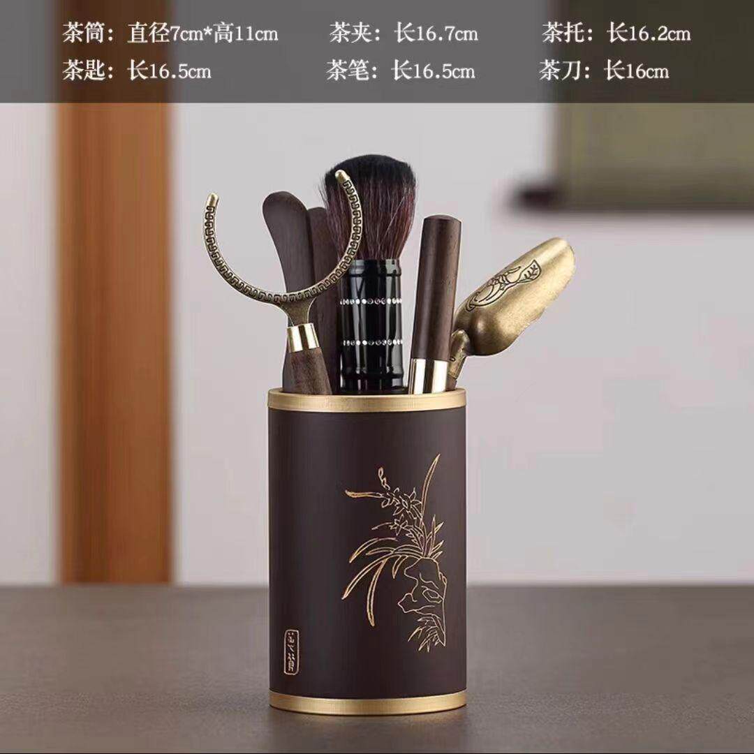 勺茶道六君子套装茶夹茶刀茶黑檀木杯叉养壶笔茶盘台桌上茶具配件