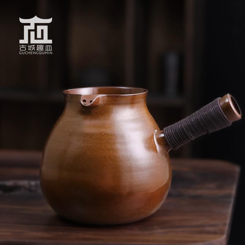 明德园侧把柴烧釉红泥古法围炉煮茶器壶全手工红淘文创家用电陶炉