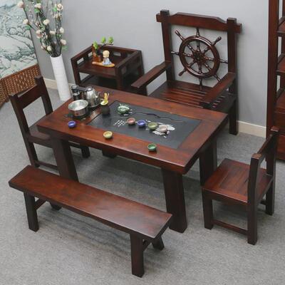 HF2X老船木茶桌椅组合实木小茶台套装一体家用茶几阳台小型办公泡