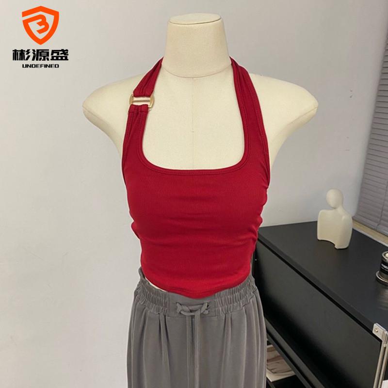2636#性感挂脖式红色吊带小背心辣妹露背无袖露脐打底短款带胸垫