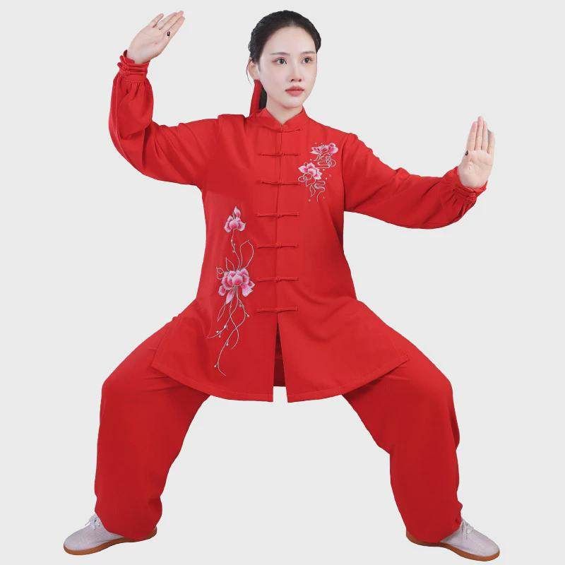 弹力棉绣花太极服女中长款练功服团体表演服套装新款武术服红色
