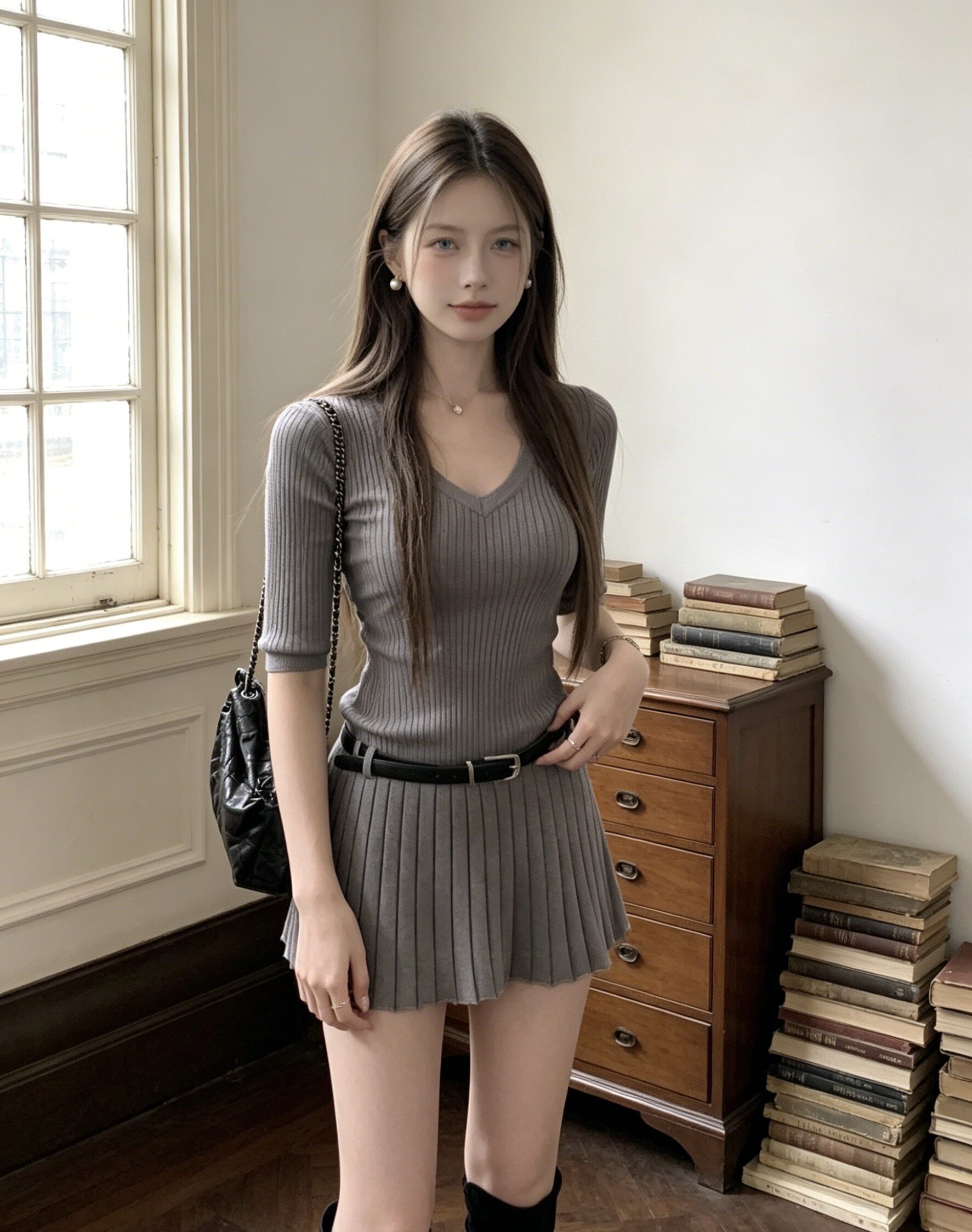 韩系纯欲风V领中袖腰带针织裙女夏季气质辣妹修身显瘦百褶短裙