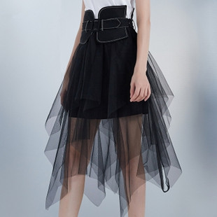 时尚腰封设计感不规则网纱半身裙高腰显瘦黑色飘逸中长款a字纱裙