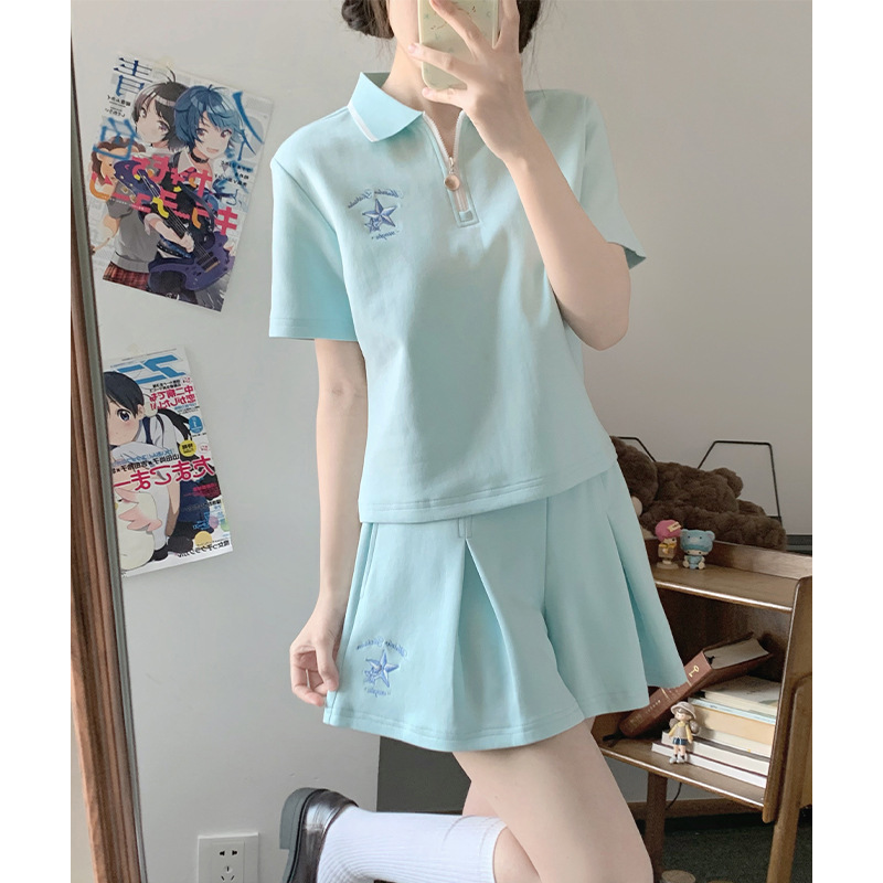 学院风休闲运动衣服女套装夏季新款POLO领短袖t恤裤裙少女两件套