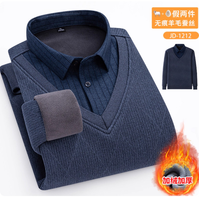 冬季羊毛长袖保暖内衣男假两件加绒加厚毛衣中老年宽松休闲爸爸装