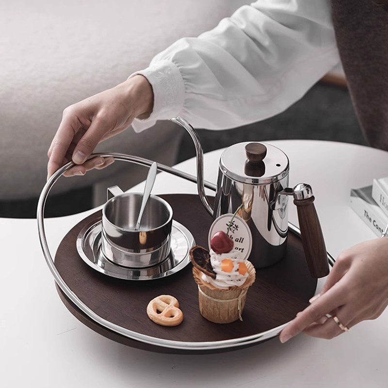现代轻奢不锈钢咖啡杯托盘套装设计师款客厅茶盘水杯茶杯收纳餐盘