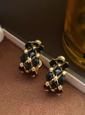 黑金珐琅滴油c形拼色耳钉欧美轻奢高级感时尚爆款菱格耳饰通勤女