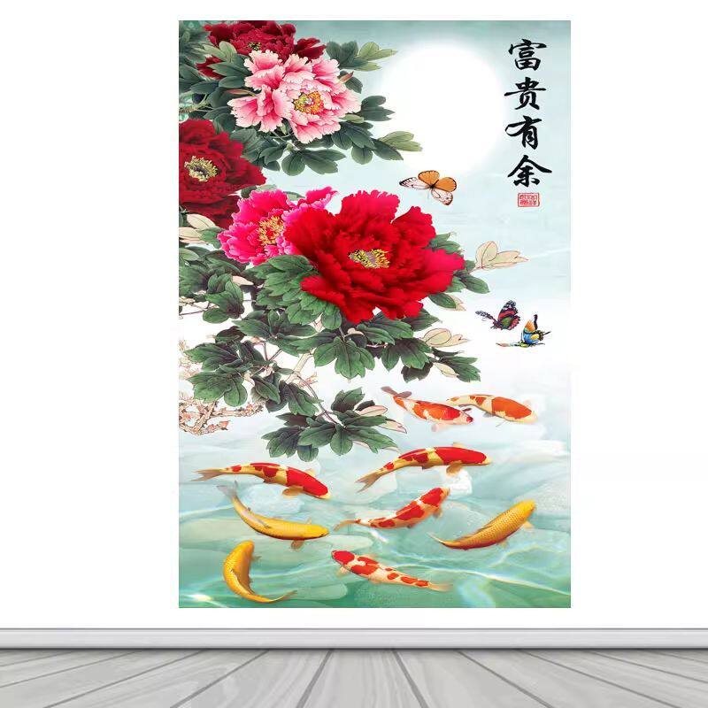 九鱼背景墙画客厅花开富