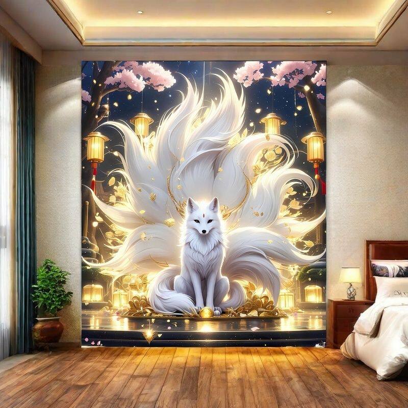山水新款九尾狐画像仙家堂口贴画墙布全屋定制背景墙壁画