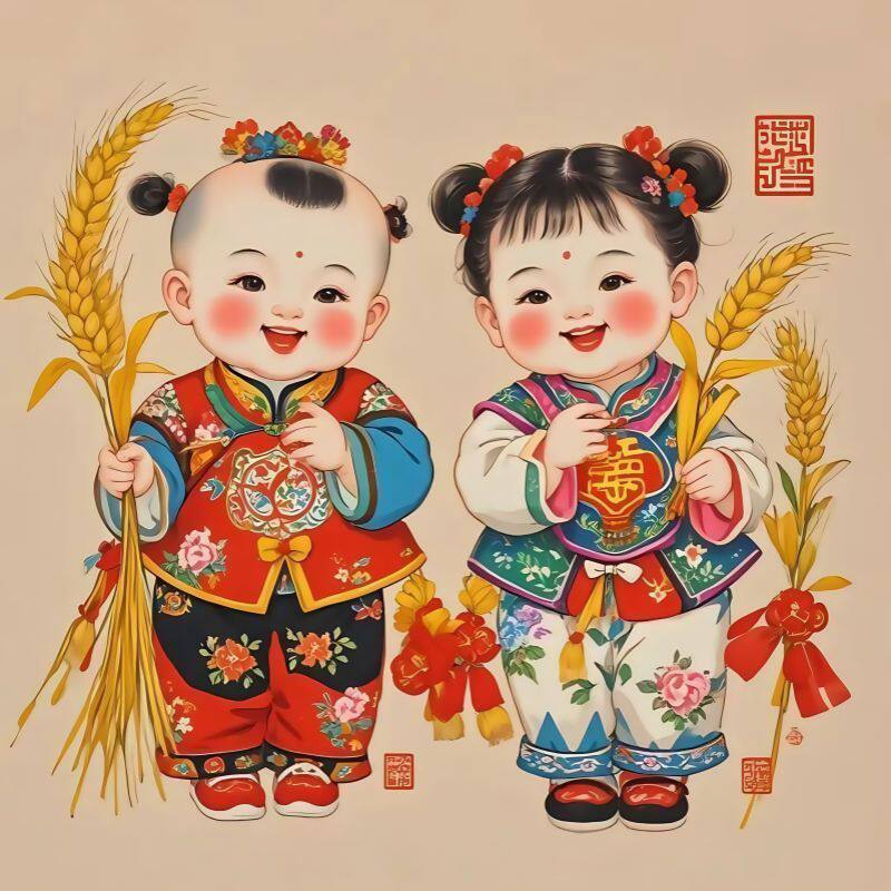 新年福娃报喜平安墙贴画