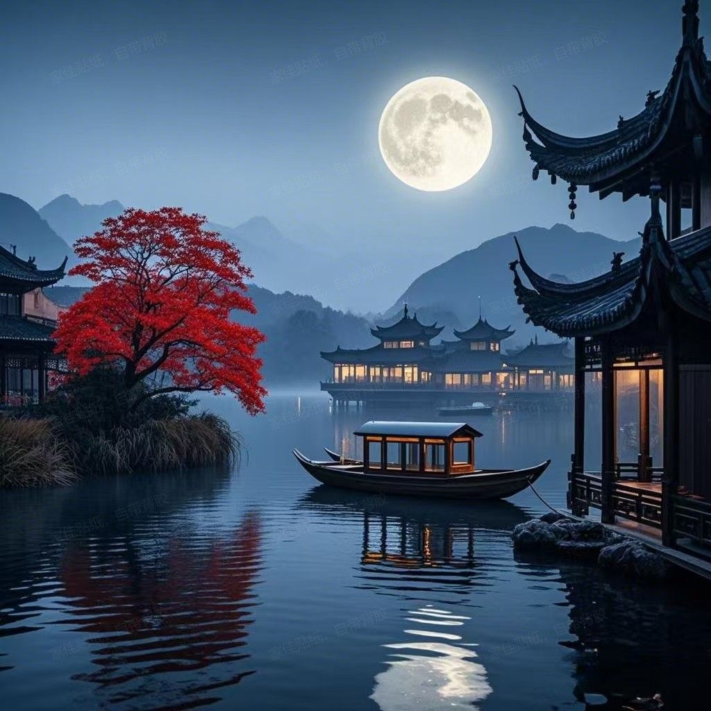 仿真中国风月亮湖上的小