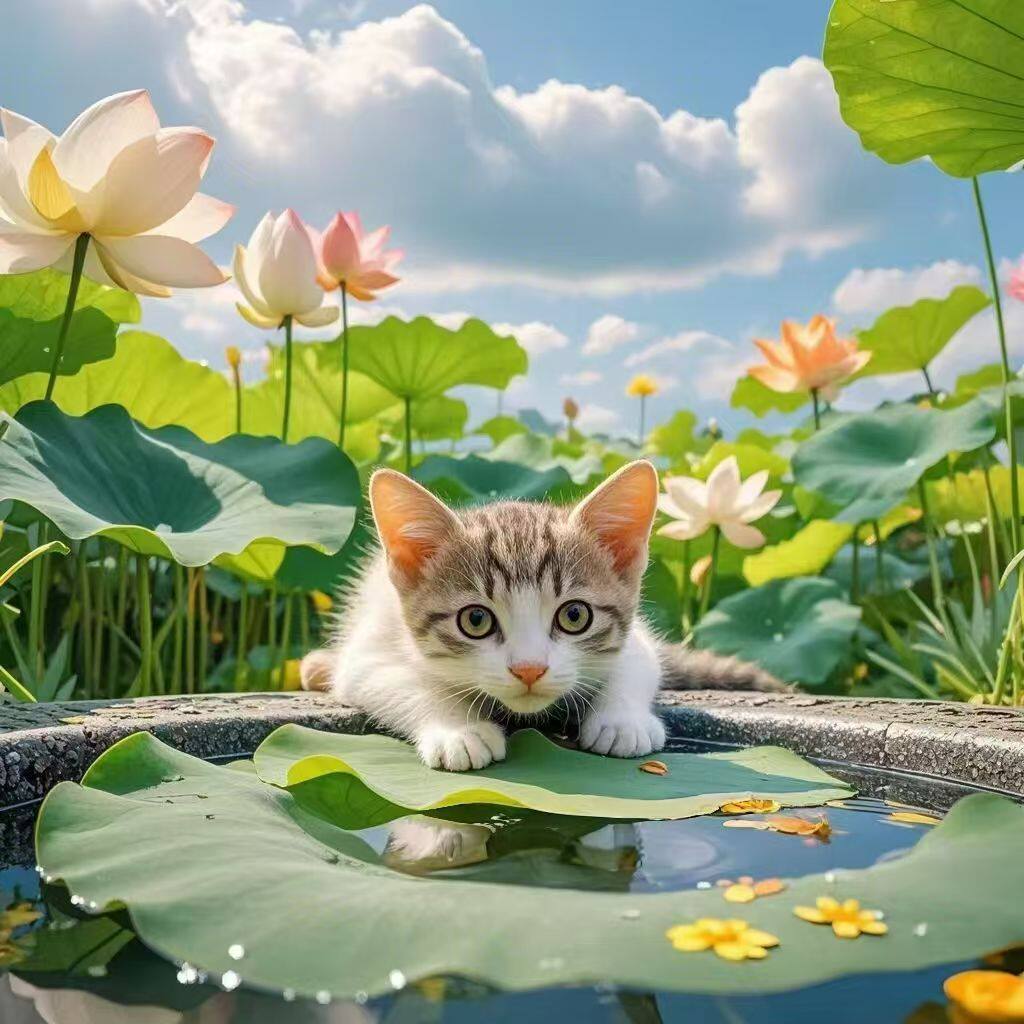 新款仿真小猫猫躺在荷花
