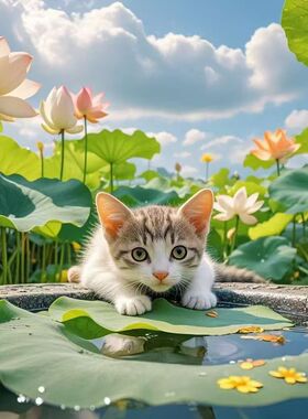 新款仿真小猫猫躺在荷花