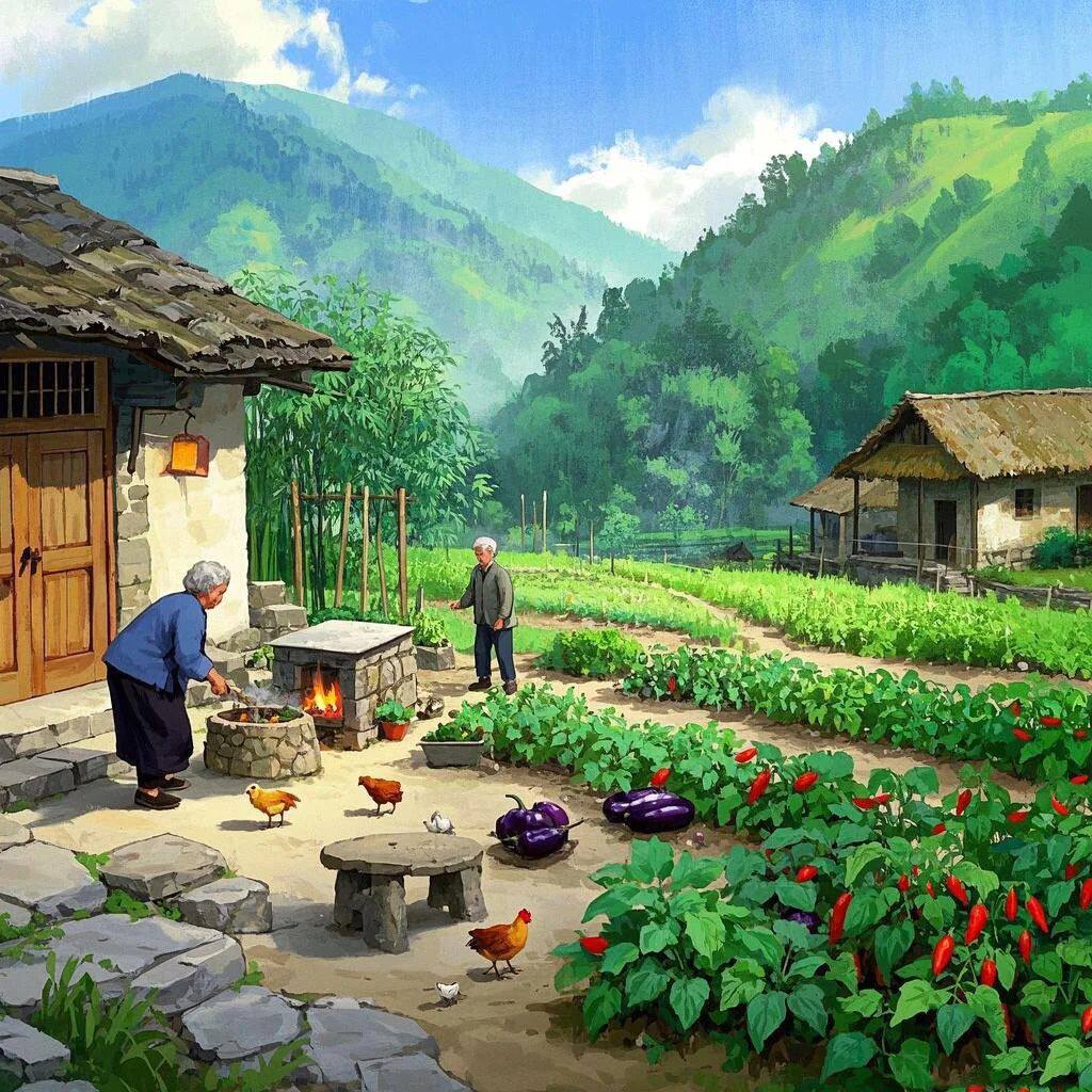 老式画怀旧乡村田园风景