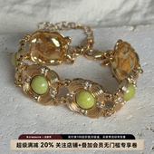 B.treasure复古风橄榄绿宝石手链女小众设计感轻奢风金色镶钻手串