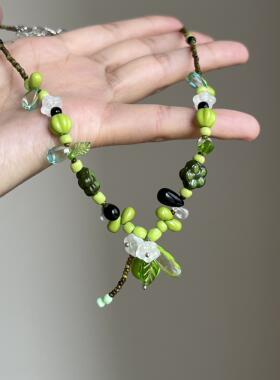 B.treasure小众设计感绿色串珠青梨花朵项链森系时尚王玉雯同款