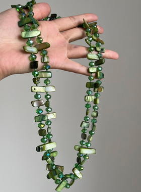 B.treasure 绿色贝壳项链中古饰品Vintage复古项链老钱风毛衣链