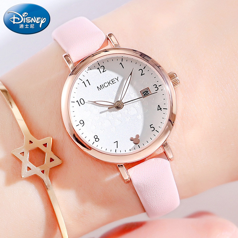 迪士尼手表女中学生防水少女生米奇儿童指针式夜光初中生考试专用