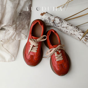 脱毒家 牛皮系带低跟女鞋真皮复古休闲平底鞋舒适质感单鞋新款女