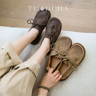 脱毒家 慢生活/日系平底单鞋浅口系带森系女鞋真皮手工鞋牛皮女