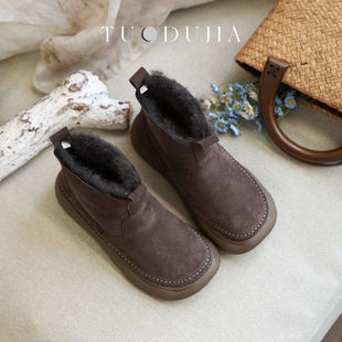 脱毒家 羊毛加厚保暖棉靴女真皮时尚雪地靴复古休闲女靴牛皮短靴